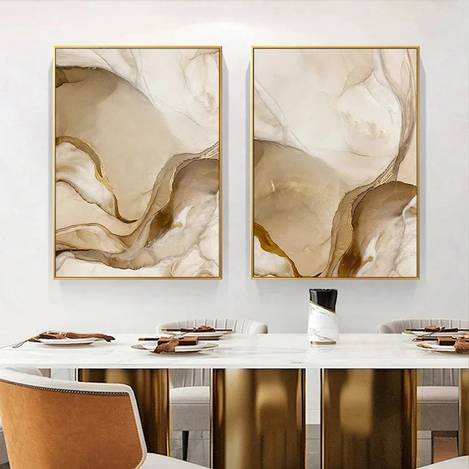 Golden Beige Liquid Marble Abstract Canvas Wall Art