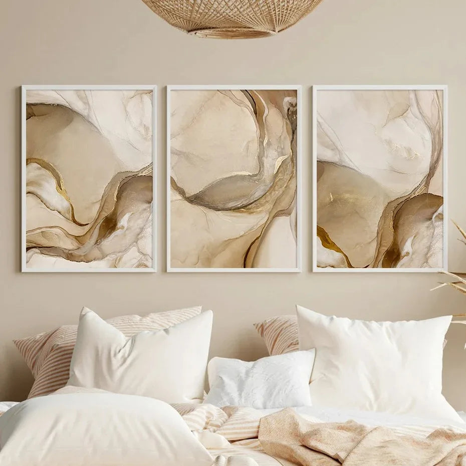 Golden Beige Liquid Marble Abstract Canvas Wall Art