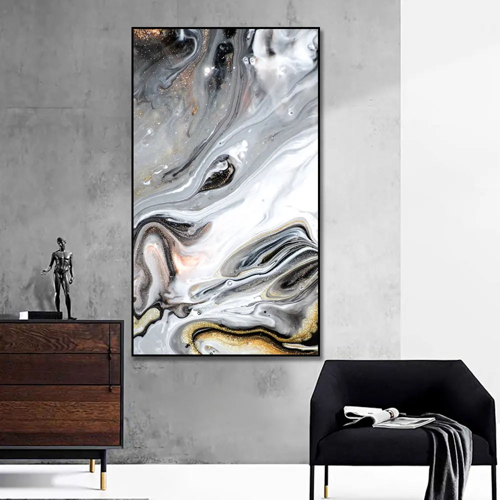 Big Size Golden Grey Liquid Marble Canvas Wall Art Unframed