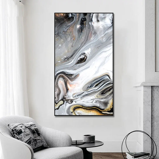 Big Size Golden Grey Liquid Marble Canvas Wall Art Unframed