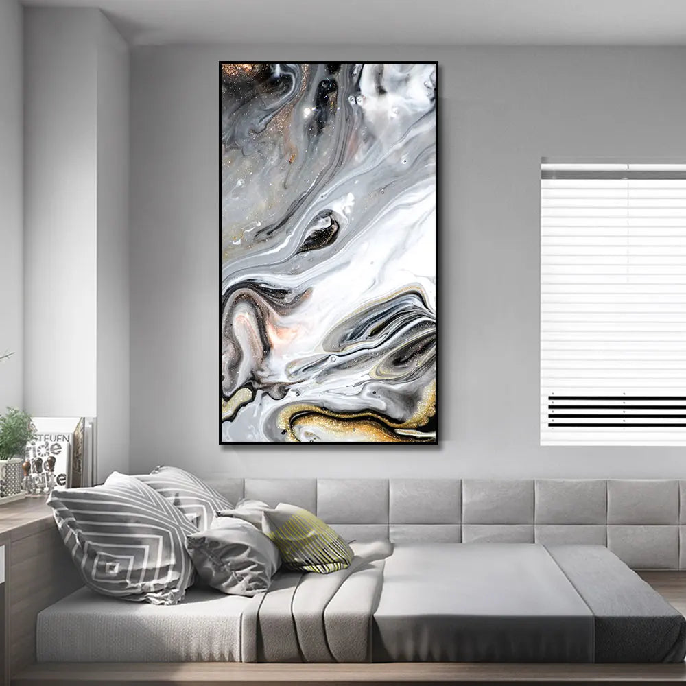 Big Size Golden Grey Liquid Marble Canvas Wall Art Unframed