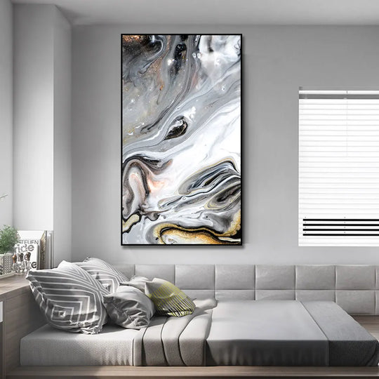 Big Size Golden Grey Liquid Marble Canvas Wall Art Unframed