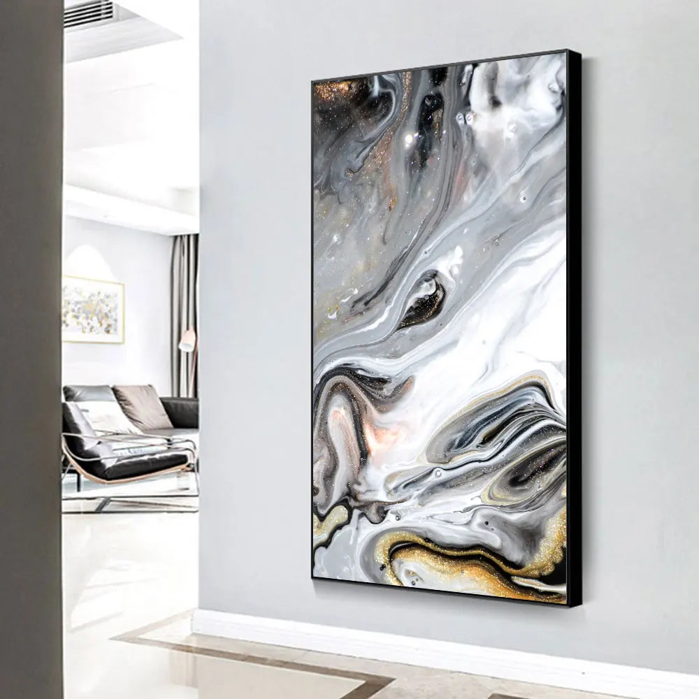 Big Size Golden Grey Liquid Marble Canvas Wall Art Unframed