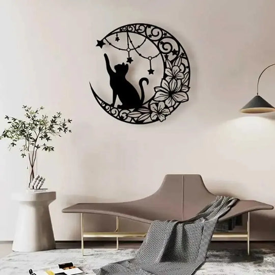 Black Cat Moon Silhouette Black Metal Wall Art Decor
