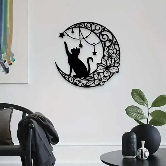 Black Cat Moon Silhouette Black Metal Wall Art Decor