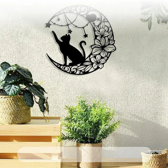 Black Cat Moon Silhouette Black Metal Wall Art Decor