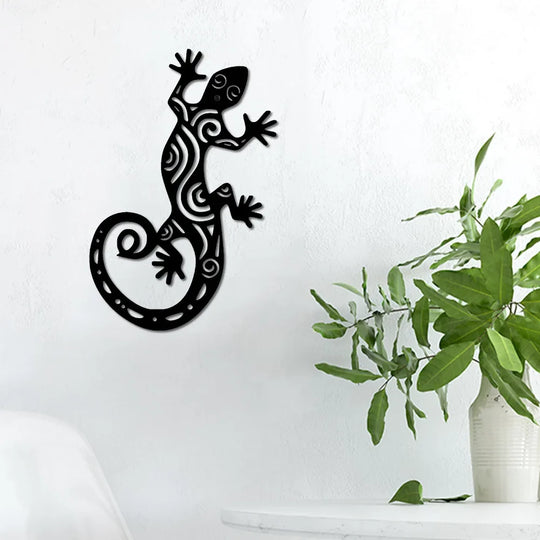 Black Gecko Lizard Silhouette Metal Wall Art Decor