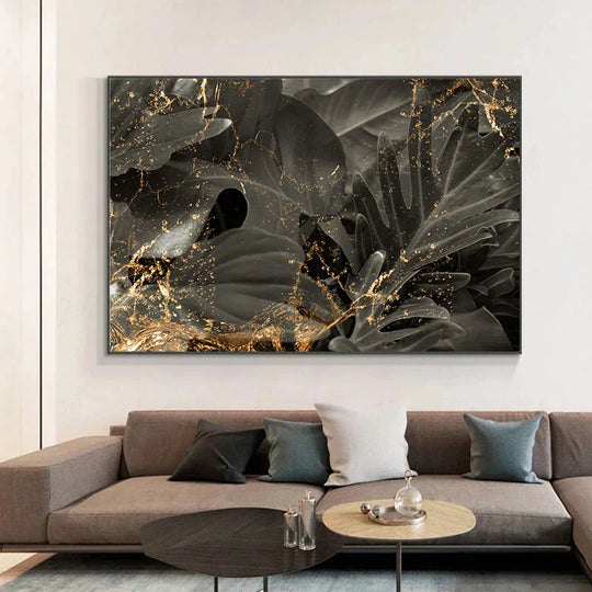 Black Golden Leaves Abstract Botanical Canvas Wall Art Unframed