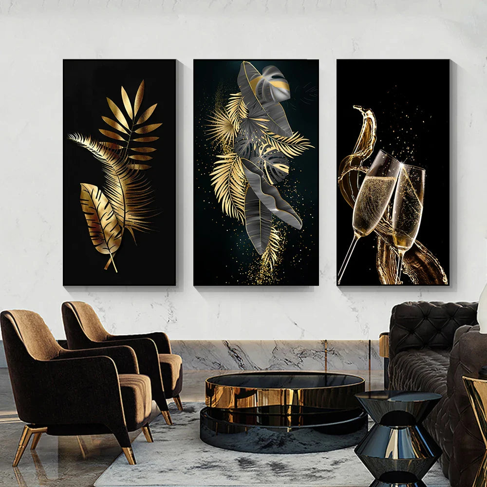 Black Golden Leaves Abstract Botanical Canvas Wall Art Unframed
