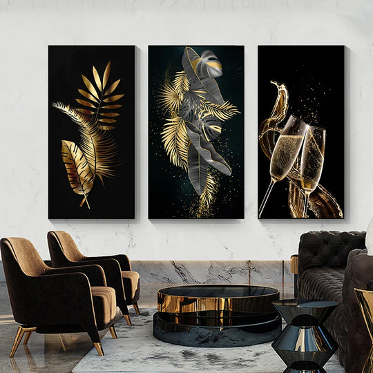 Black Golden Leaves Abstract Botanical Canvas Wall Art Unframed