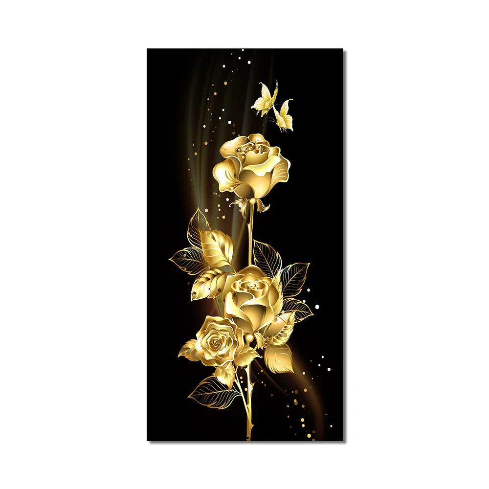 Black Golden Leaves Abstract Botanical Canvas Wall Art Unframed