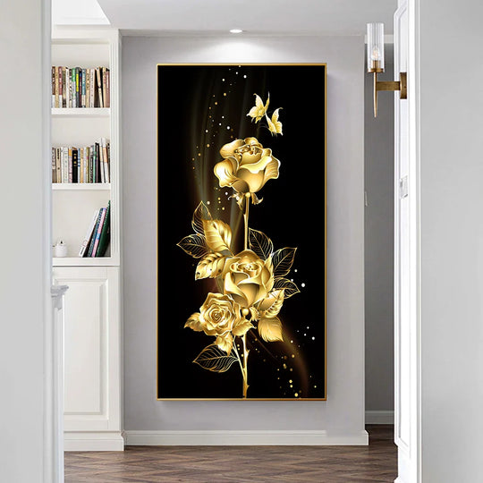 Black Golden Leaves Abstract Botanical Canvas Wall Art Unframed