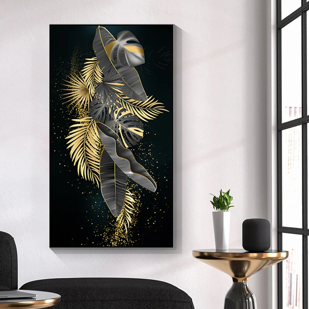 Black Golden Leaves Abstract Botanical Canvas Wall Art Unframed