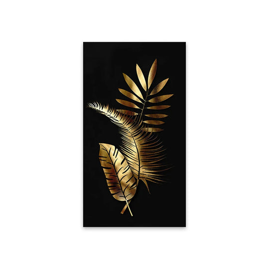 Black Golden Leaves Abstract Botanical Canvas Wall Art Unframed