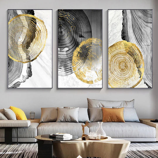 Black Gray Golden Abstract Tree Rings Canvas Wall Art