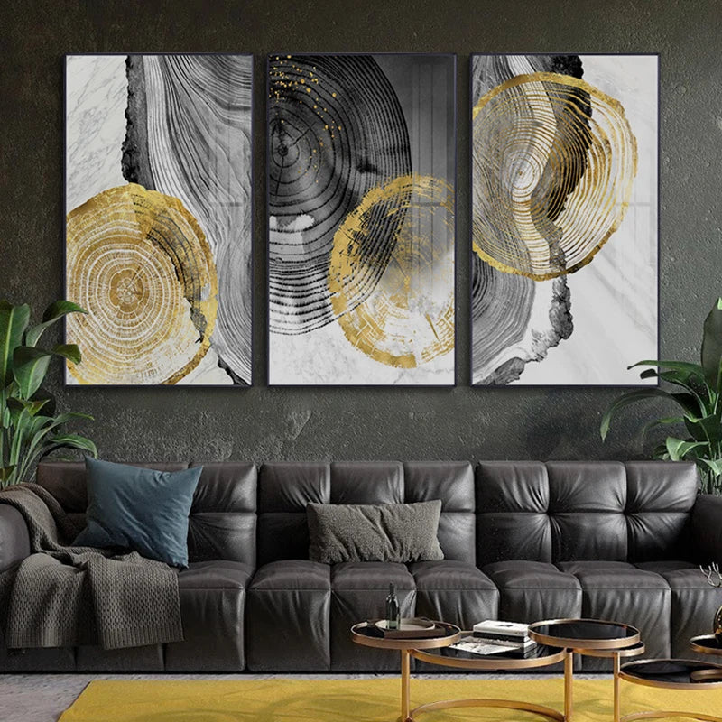 Black Gray Golden Abstract Tree Rings Canvas Wall Art