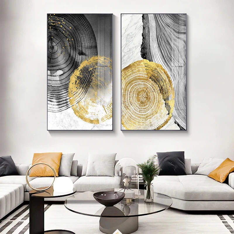 Black Gray Golden Abstract Tree Rings Canvas Wall Art