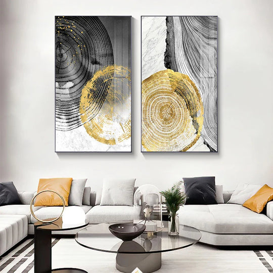Black Gray Golden Abstract Tree Rings Canvas Wall Art