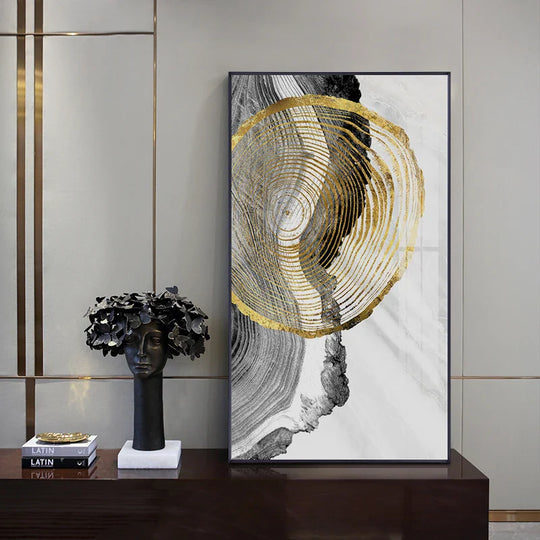 Black Gray Golden Abstract Tree Rings Canvas Wall Art