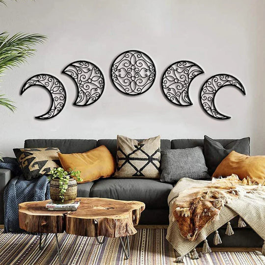 Set of 5 Moon Phase Black Metal Wall Art Decor