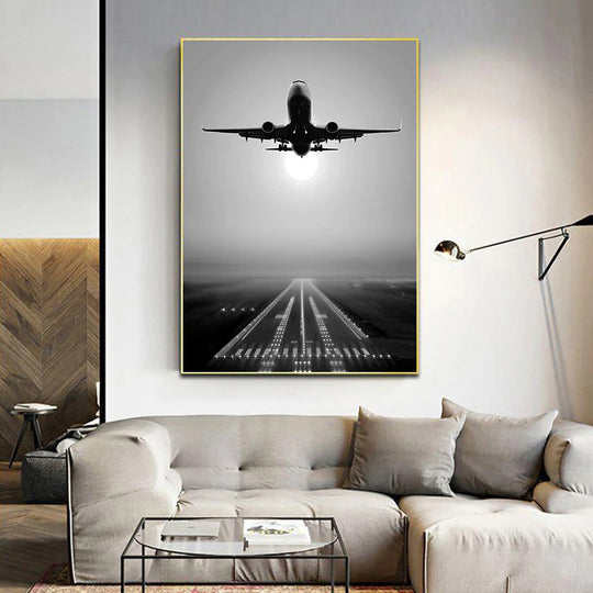 Black and White Airplane Takeoff Canvas Wall Art