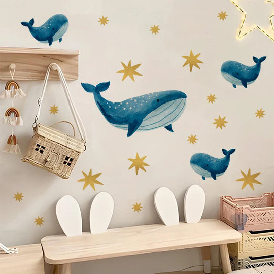 Blue Whales And Golden Stars Wall Decals For Kids Room