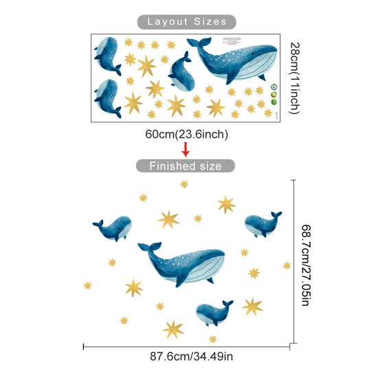 Blue Whales And Golden Stars Wall Decals For Kids Room