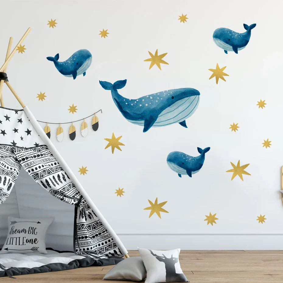 Blue Whales And Golden Stars Wall Decals For Kids Room