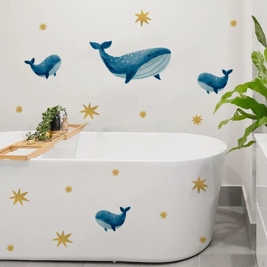Blue Whales And Golden Stars Wall Decals For Kids Room