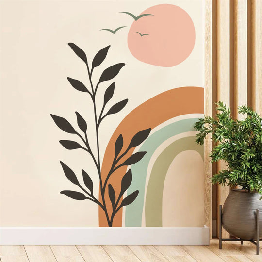 Boho Birds And Sunset Rainbow Wall Mural For Home Decor