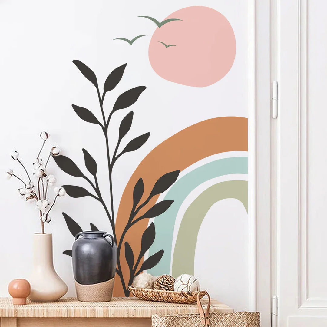 Boho Birds And Sunset Rainbow Wall Mural For Home Decor