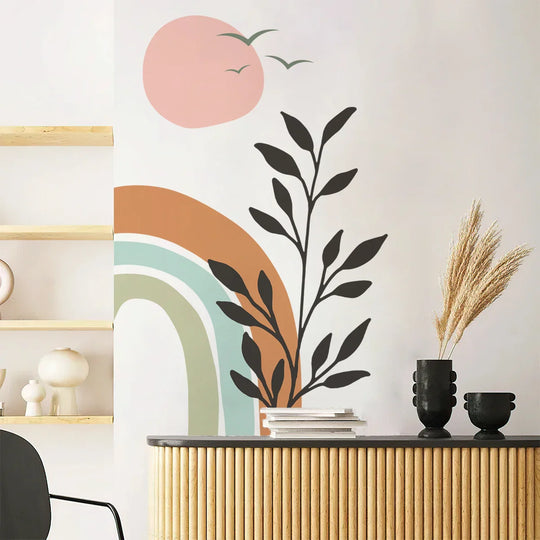 Boho Birds And Sunset Rainbow Wall Mural For Home Decor