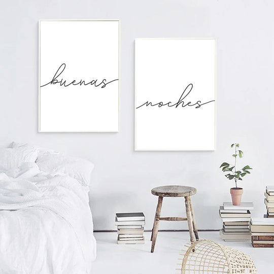 Buenas Noches Black White Typographic Canvas Wall Art