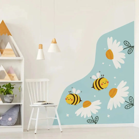 Busy Bees And Blooms Cartoon Garden Wall Mural For Kids