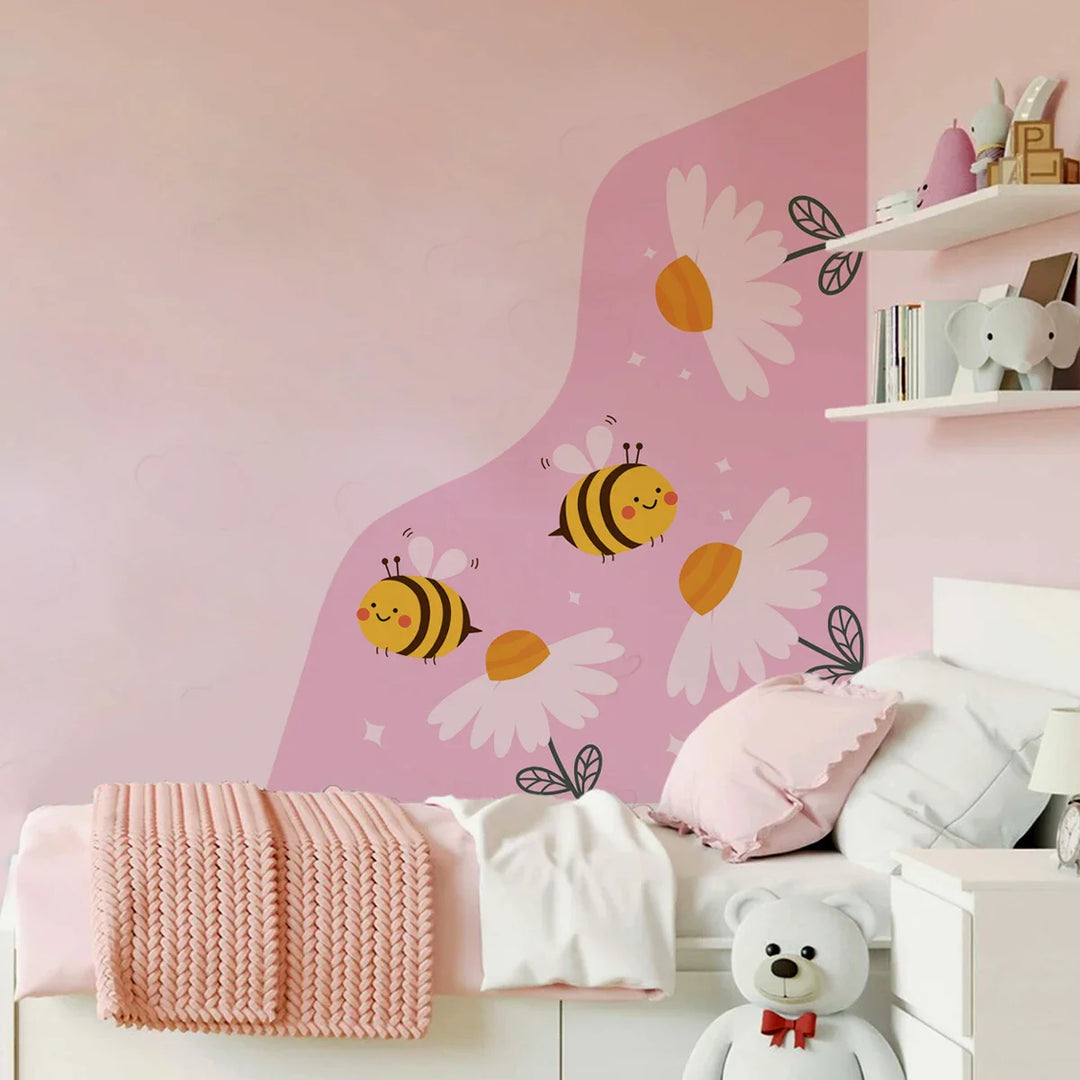 Busy Bees And Blooms Cartoon Garden Wall Mural For Kids