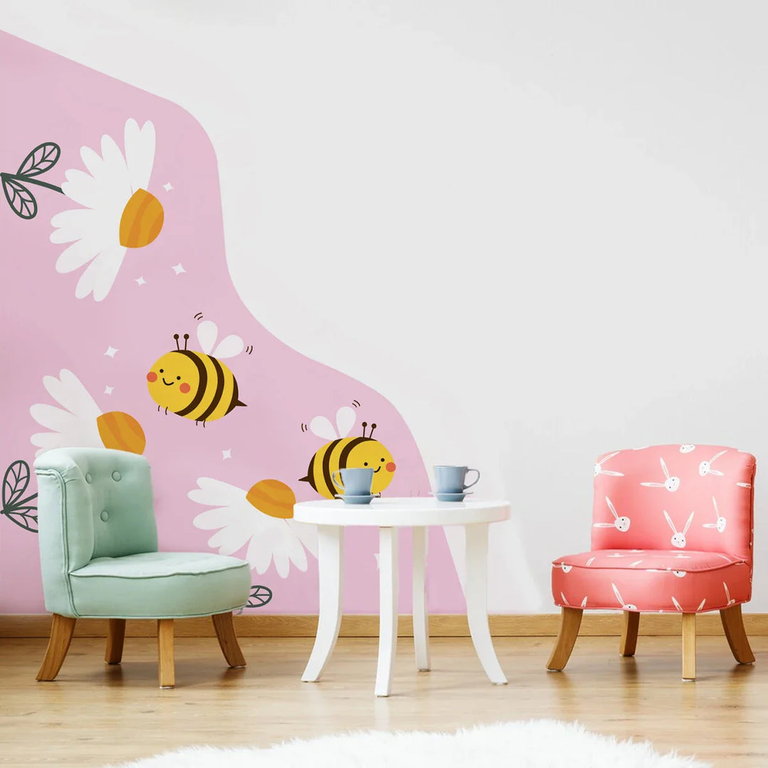 Busy Bees And Blooms Cartoon Garden Wall Mural For Kids
