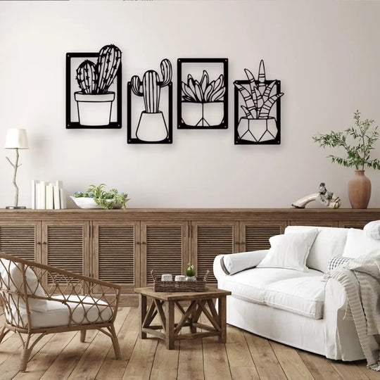 Cactus Potted Plant Black Metal Wall Art Decor