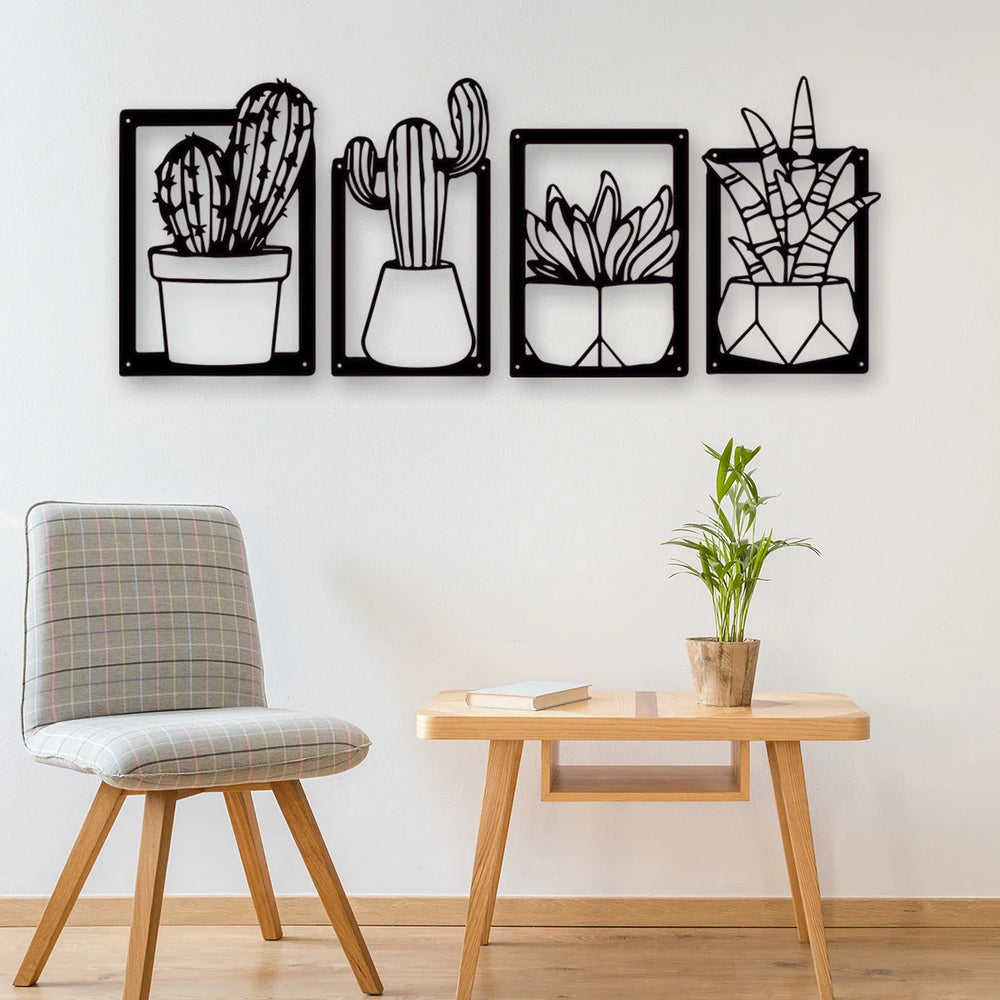 Cactus Potted Plant Black Metal Wall Art Decor