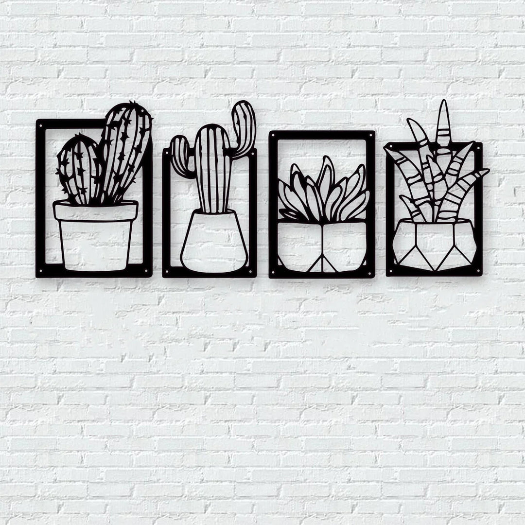 Cactus Potted Plant Black Metal Wall Art Decor