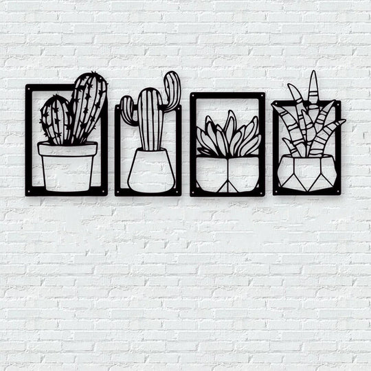 Cactus Potted Plant Black Metal Wall Art Decor