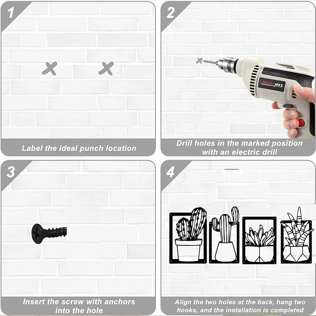 Cactus Potted Plant Black Metal Wall Art Decor