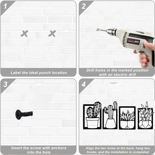 Cactus Potted Plant Black Metal Wall Art Decor