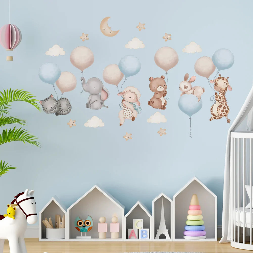 Cartoon Animal Balloon Wall Decals For Kids Room Decor