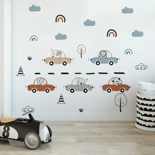 Cartoon Animals And Cars Wall Decals For Boys Room