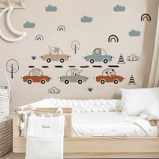 Cartoon Animals And Cars Wall Decals For Boys Room