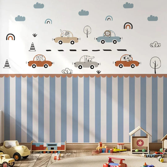 Cartoon Animals And Cars Wall Decals For Boys Room