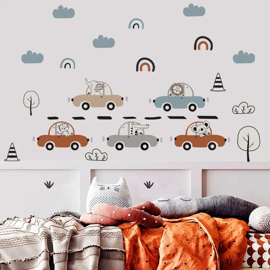 Cartoon Animals And Cars Wall Decals For Boys Room