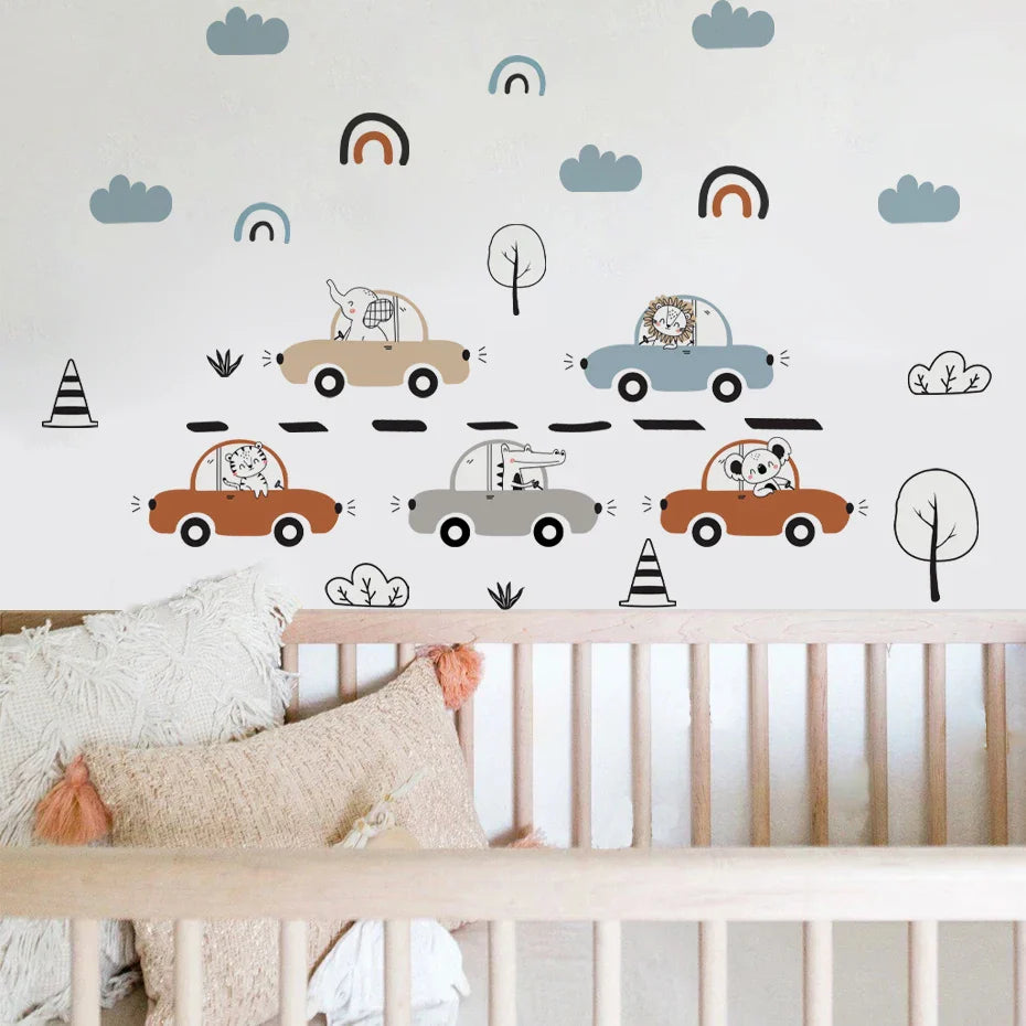 Cartoon Animals And Cars Wall Decals For Boys Room