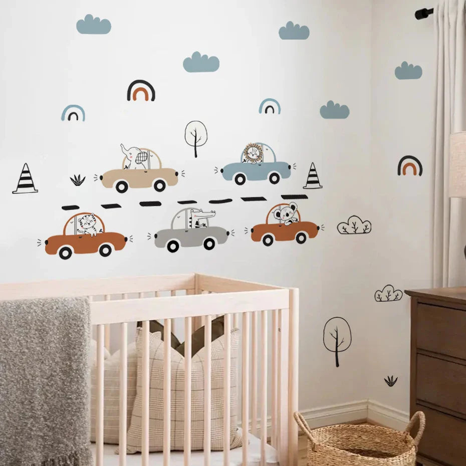 Cartoon Animals And Cars Wall Decals For Boys Room