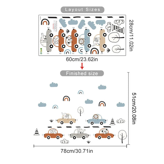 Cartoon Animals And Cars Wall Decals For Boys Room